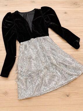 Black Velvet Top Silver Sequin Mini Dress